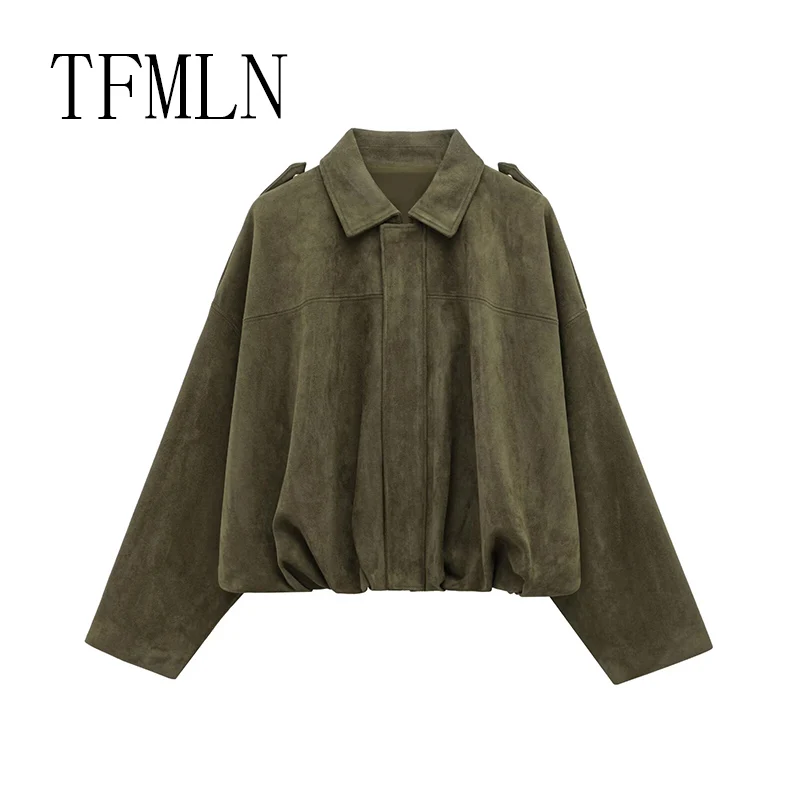 TFMLN New Fashion Suede Fabric Women Bomber Jackets  Causal Long Sleeve Zipper Loose Coats Cropped Winter Warm Jacket Outwear