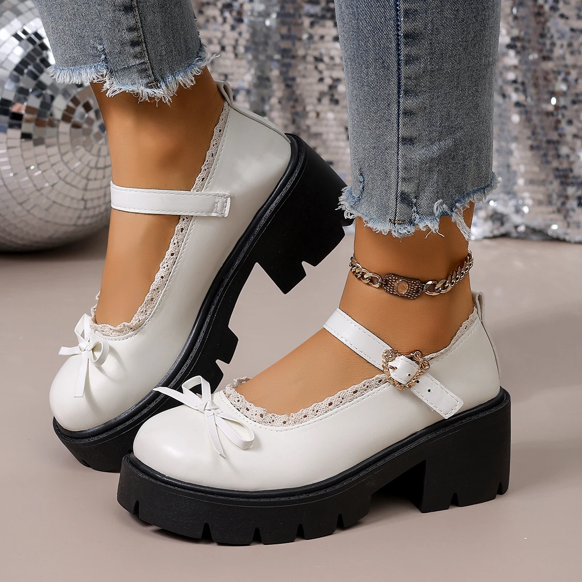 Women's 2026 New Buckle Design Round Toe High Heels Spring and Summer Fashionable Lace Trimmed Shallow Mouth Mary Jane Shoes