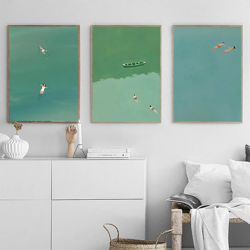 Pintura en lienzo decorativa minimalista abstracto surrealismo luz verde agua de mar natación arte sala de estar dormitorio decoración del hogar