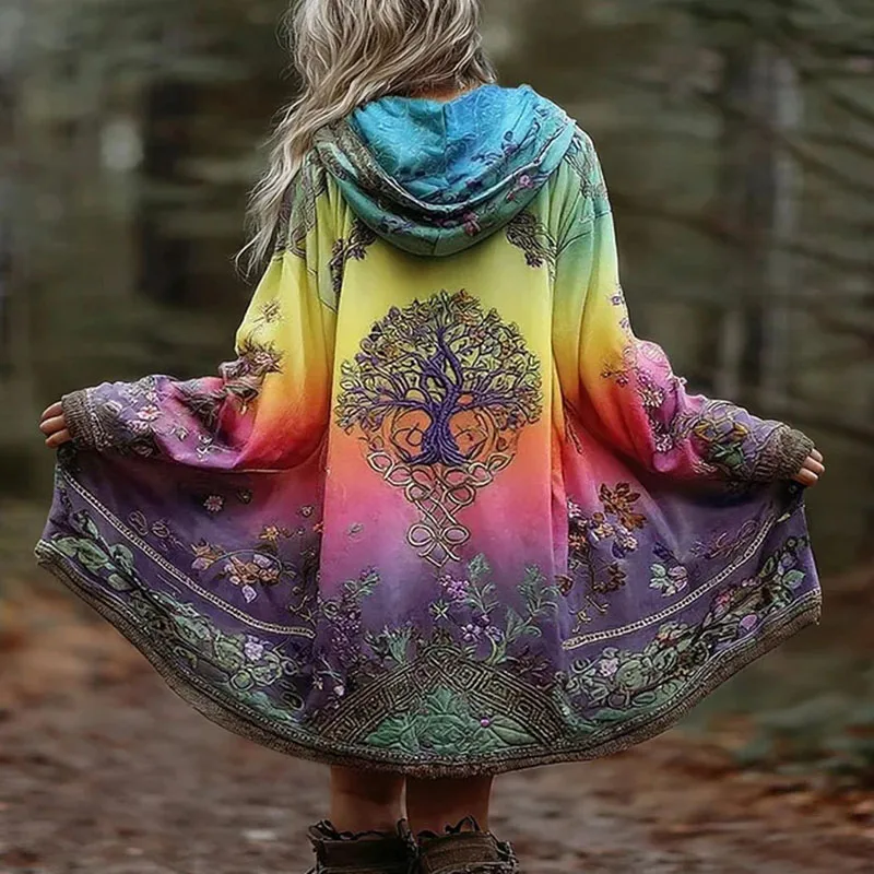 Damski płaszcz trencz na Halloween z nadrukiem retro, nowa moda, luźny, długi kardigan z kapturem, jesienna kurtka z długim rękawem i kapturem.