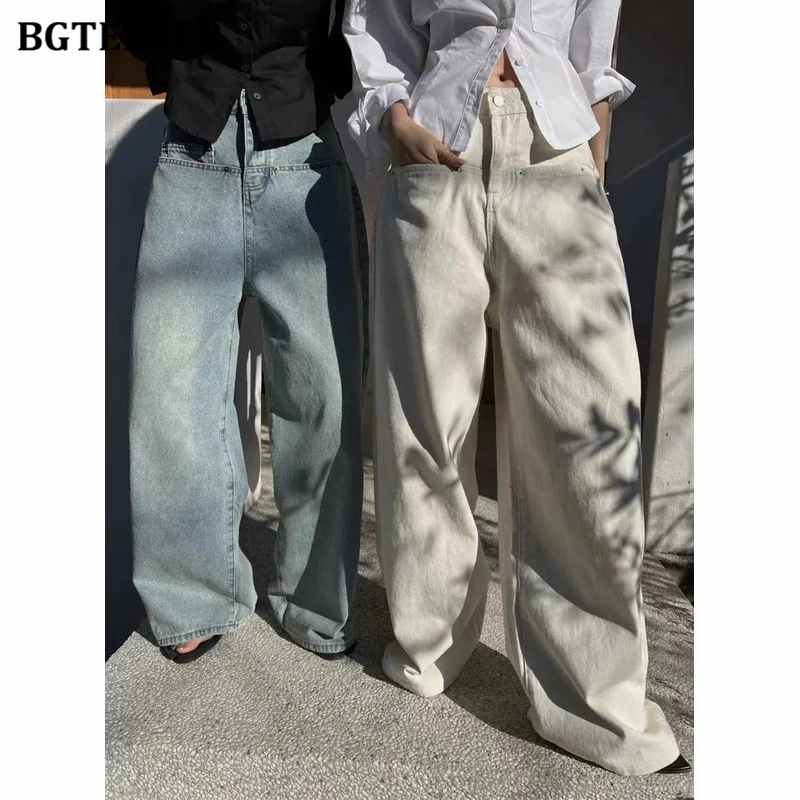 BGTEEVER Stylish High Waist Pockets Female Wide Leg Denim Trousers Casual Loose Women Straight Jeans Pants