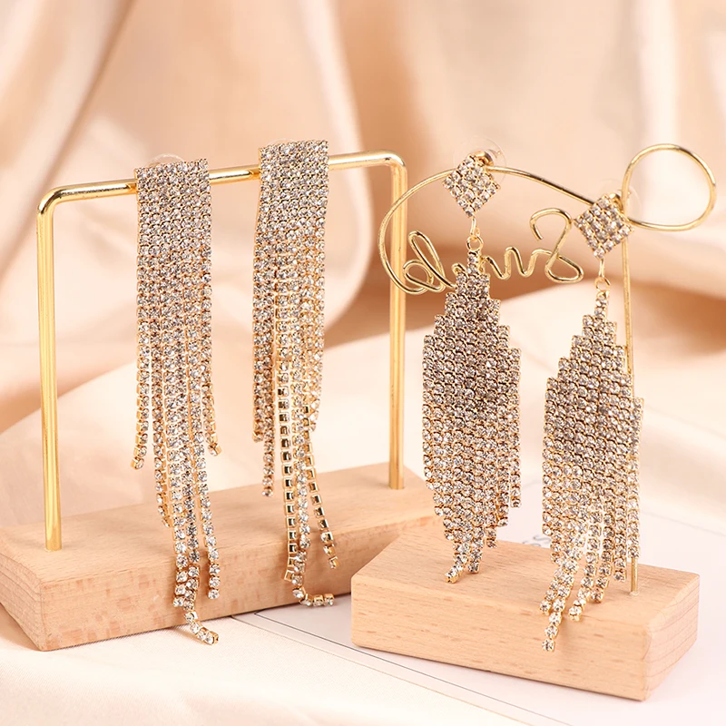 S925 silver needle Classic Shiny Crystal Earrings Ladies Exaggerated Long Earrings Tassels Rhinestone Earrings Fashion Korean Ea