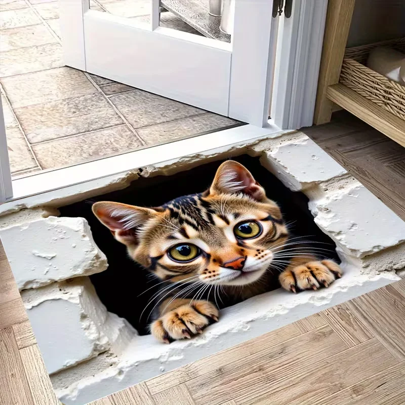 Cat Illusion Hole Design Door Mat Interesting Decorative Bedroom Living Room Bathroom Entrances Non Slip Surface Area Floor Mat