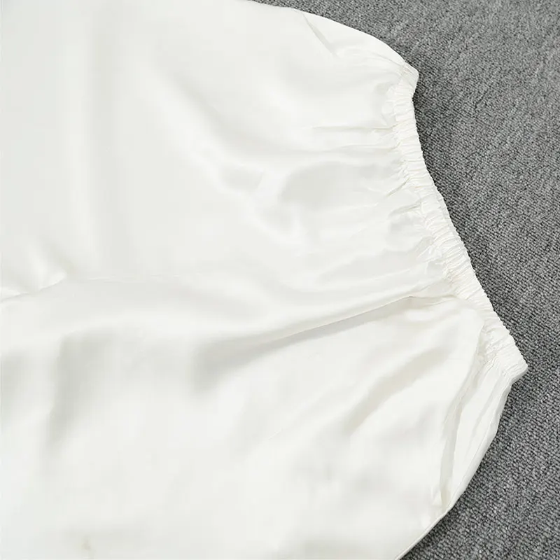 2025 ملابس كاجوال نسائية بيضاء 22 مللي متر ثقيلة 100% حرير التوت الطبيعي الساتان مرونة الخصر جيب تصميم بناطيل الشواطئ #2