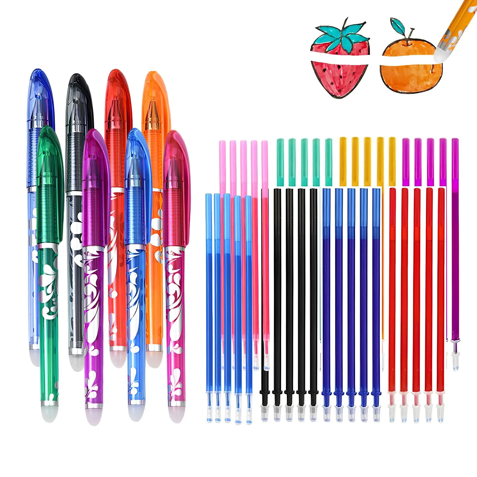 أقلام فرك 8 ألوان، أقلام قابلة للمسح مع 40 عبوة، قلم جل قابل للمسح رفيع 0.5 مم مع غطاء قلم للمجلات والملاحظات والرسم