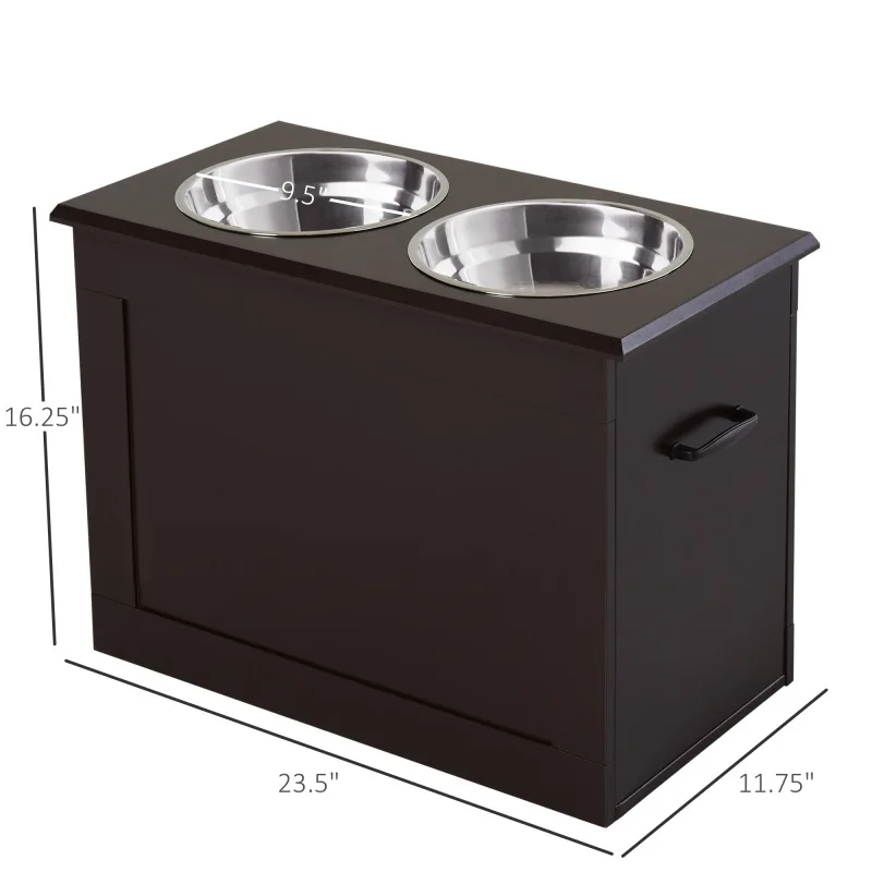 Raised Pet Feeding Storage Station with 2 Stainless Steel Bowls Base for Large Dogs and Other Large Pets, Dark Brown