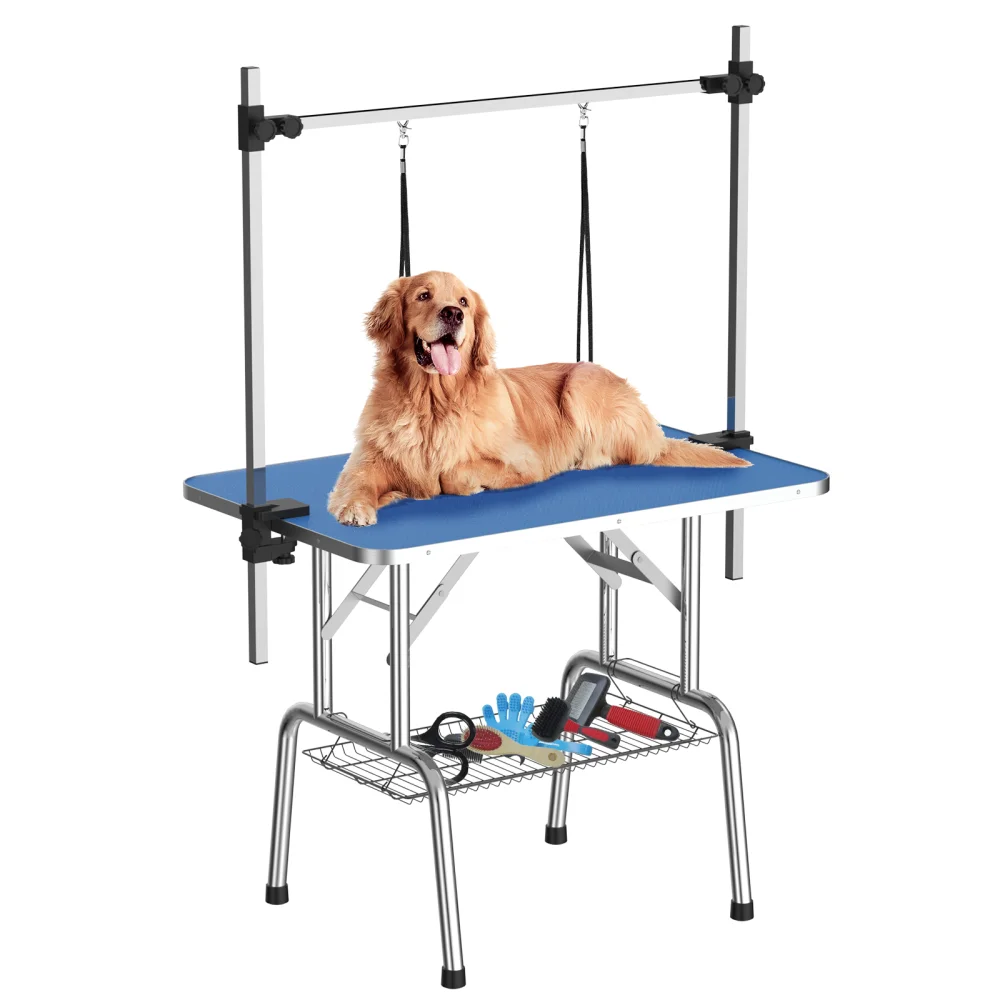 

46 Inch Foldable Dog Grooming Table for Home with Adjustable Arm, Noose, Non-Slip Surface, and Storage Mesh Tray