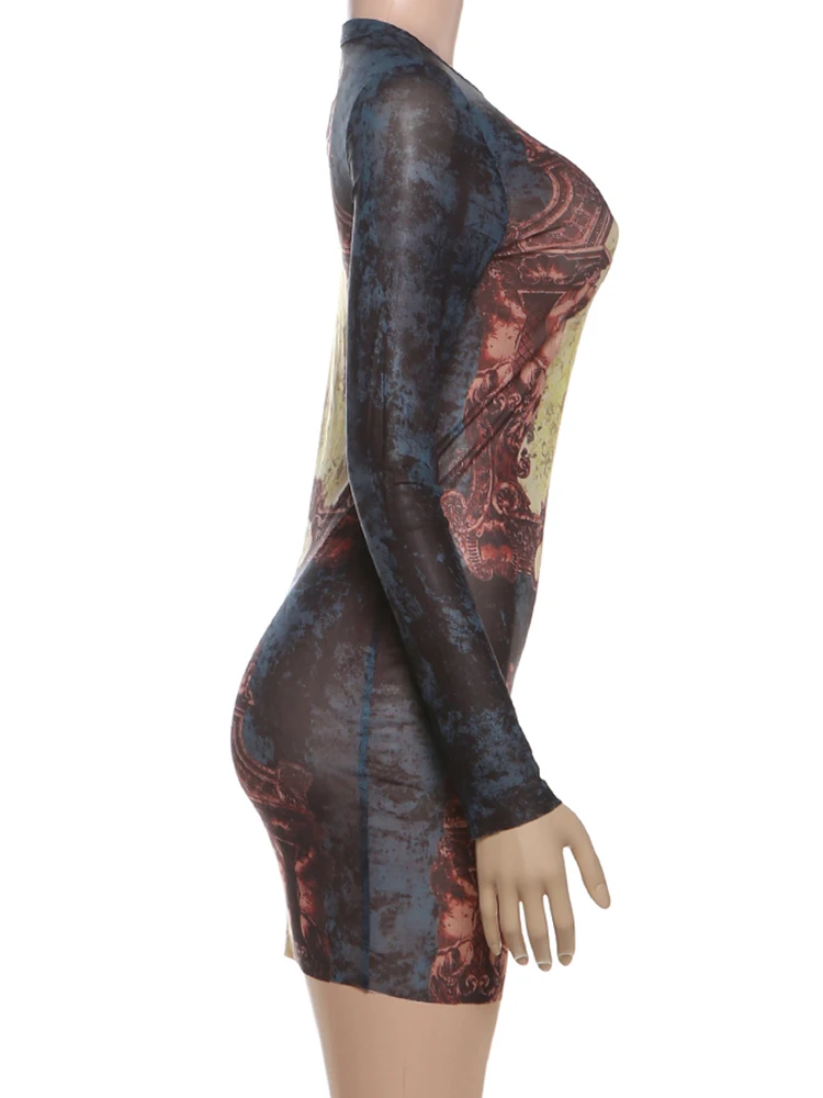 فستان نسائي غريب شفاف من خلال الطباعة برقبة دائرية وأكمام طويلة على شكل خوخ هيب محب للشارع ملابس نوادي ضيقة قابلة للتمدد