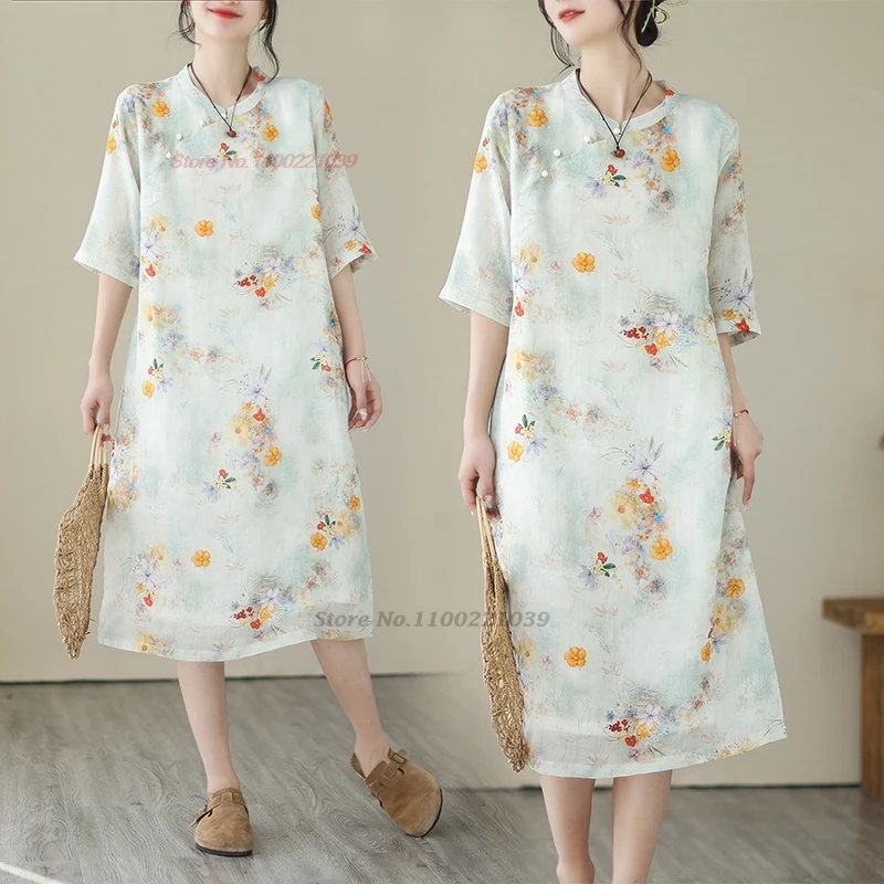 

2024 chinese vintage dress national flower print a-line dress cheongsam improved qipao dress traditional loose dress streetwear
