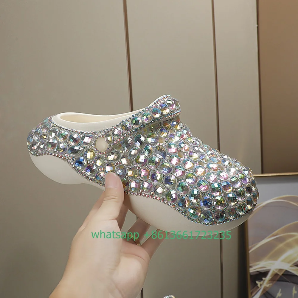 Crystal Shiny Women Slippers Flat Heel Platform Sandals Colored Rhinestone Bling Bling Shoes Women Fashion Rubber Slides Green