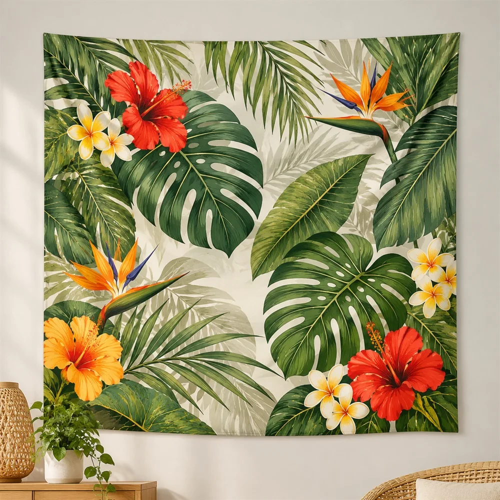 VIKAMA Monstera Palm Leaves Clustered Groups Tapestry Wall Hanging, Southeast Asian Wall Art Tapestries for Living Room Bedroom