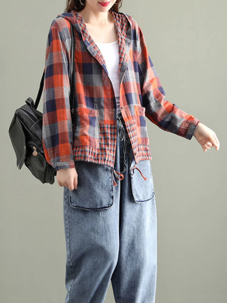 Casual Plaid Shirts Women Hooded Designed Couples All-match Spring Autumn Coat Korean Fashion Outwear Y2k Tops Aesthetic Ins