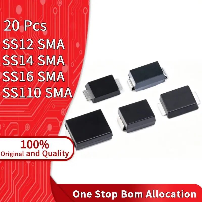20 Pcs SS12 SMA SS14 SMA SS16 SS110 SMA 20V-100V 1A SMD Rectifier DO-214AC For Fast Switching Electronic Component Accessories