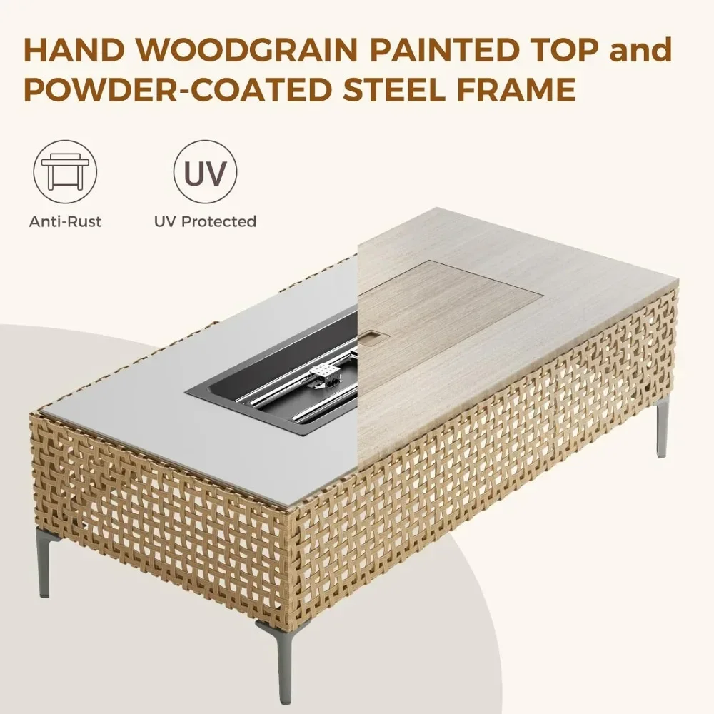 مجموعة أثاث الفناء المكونة من 9 قطع مع طاولة حفرة نار مقاس 47 بوصة، ومجموعة محادثة خارجية و5000 وحدة حرارية بريطانية 47 بوصة حفرة حريق مستطيلة من البروبان #5