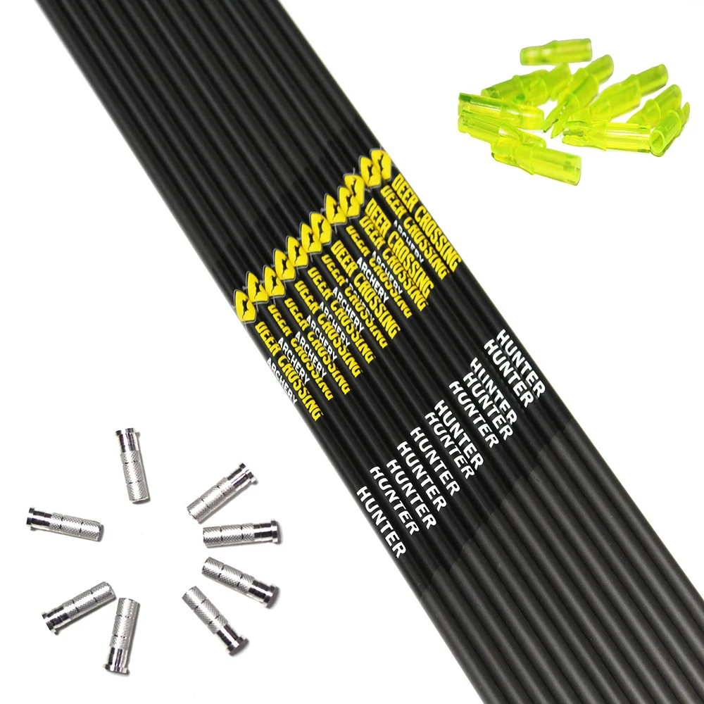 12Pcs Archery Carbon Arrow Shafts Spine300 340 400 500 600 ID6.2mm Arrow Nock For Compound Traditional Bow Hunting Shooting