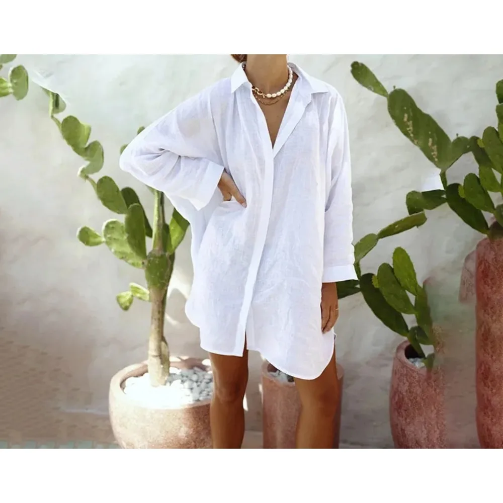 

Para Praia White New Summer Bat Shirt Long Cotton Swimwear Cover Ups 2025 Sexy Beach Polka Maxi Dress Women Bikini Beachwear