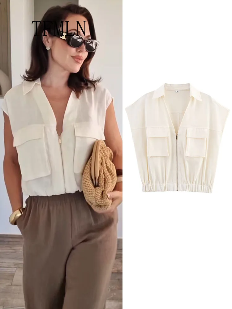 

TFMLN Summer Chic Casual Women Solid Zipper Tops 2025 New Lapel Pockets Sleeveless Short Vest Fashion High Street Cropped Tops