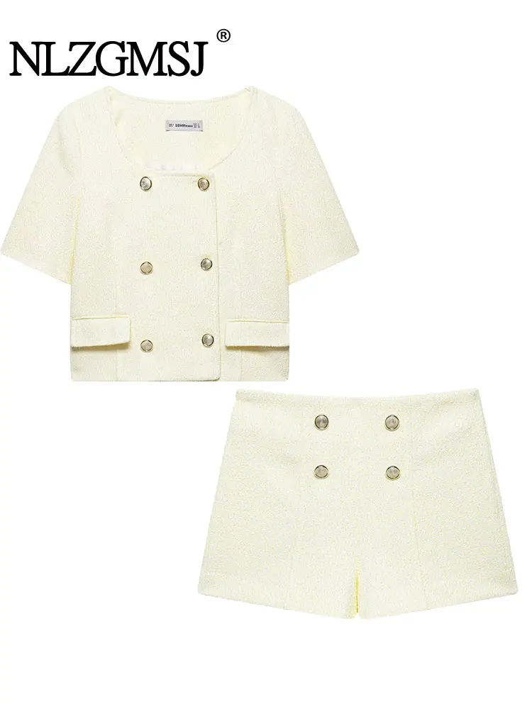 

Летний элегантный женский комплект, повседневный однотонный комплект с шортами, двубортный комплект с короткими топами для женщин, новый женский наряд из 2 предметов