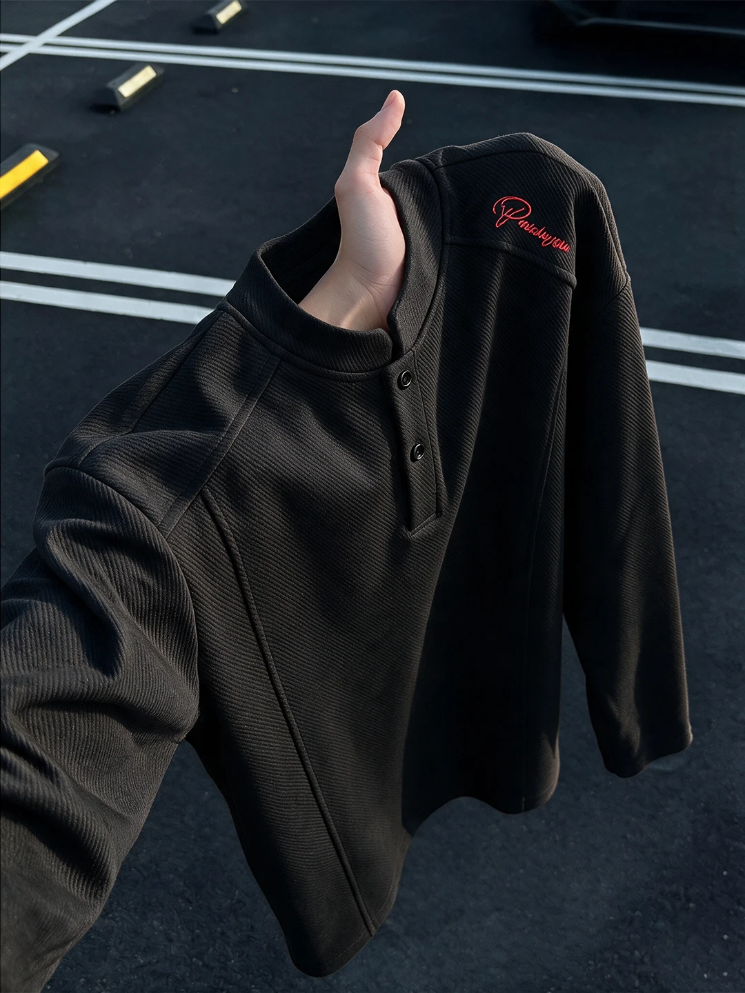 Deconstructed Patchwork Embroidery Long Sleeve T-Shirt Men's Autumn Textured Henry Collar American Style Base Shirt