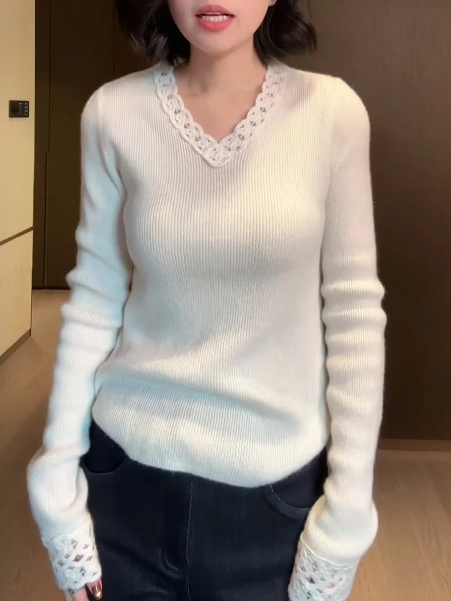 

Кружевной вязаный свитер с v-образным вырезом Long Sve, женский нежный базовый слой, осень-зима, белый, мягкий, уютный, внутренняя одежда Base irt