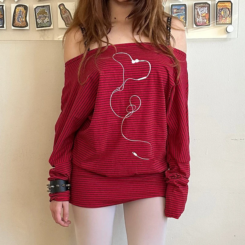 E-สาว Cyber Grunge เสื้อยืดลาย Harajuku ปิดไหล่แขนยาวชุดผู้หญิง Preppy Vintage Y2k ชุดสั้น