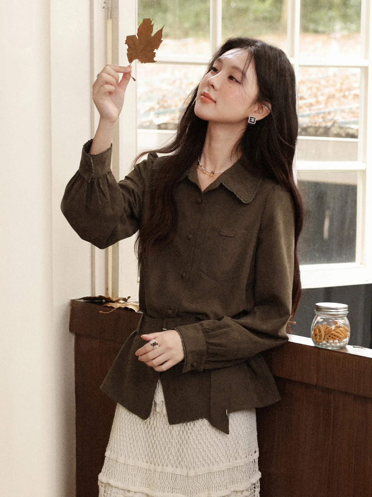 

Ele Long Sve Women's irt Fall Faion Waist-Cinching French Sle Chest ket Regular Length Pure Color Button Closure