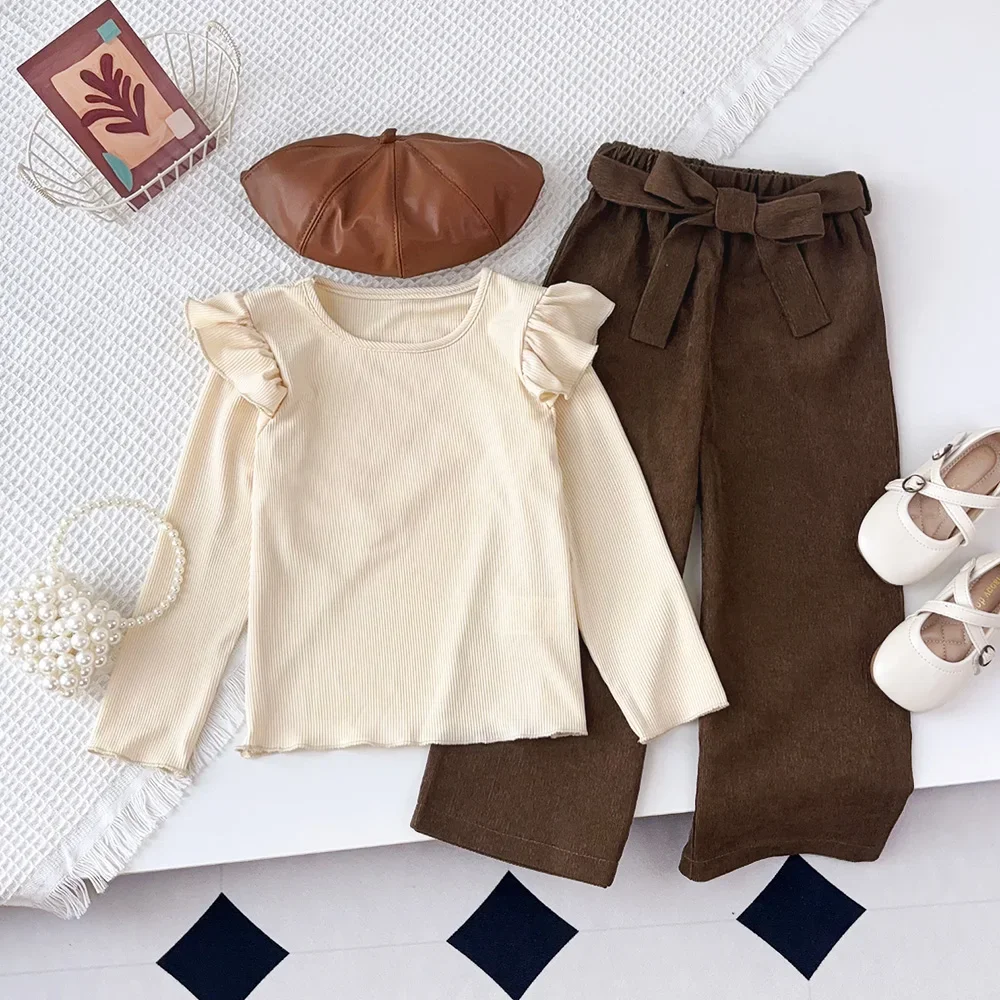 Spring Autumn New Children's Set Plain Long Sleeved Top+Brown Pants 2-piece Set Simple Kids Clothes Girls Solid Color Outfits