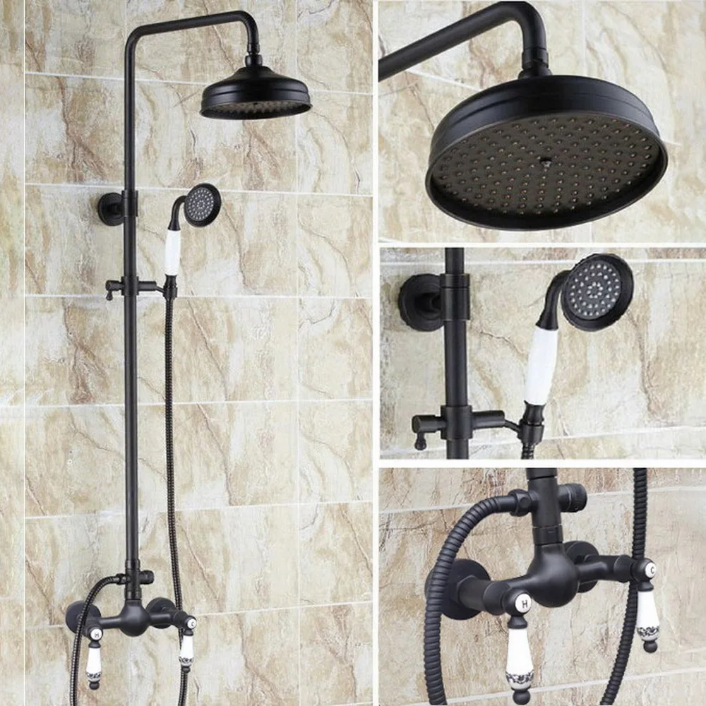 

Black Oil Rubbed Bronze Bathroom Shower Bath Faucet Dual Handles Wall Mount Shower Mixer Taps 8" Rain Shower Head trs518