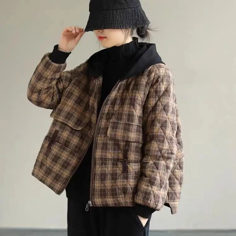 

Women's Cotton Jaet Autumn Winter Thiened ort Plaid Oversize Hooded Patchwork Color Blo Artistic Sle Zipper Closure...