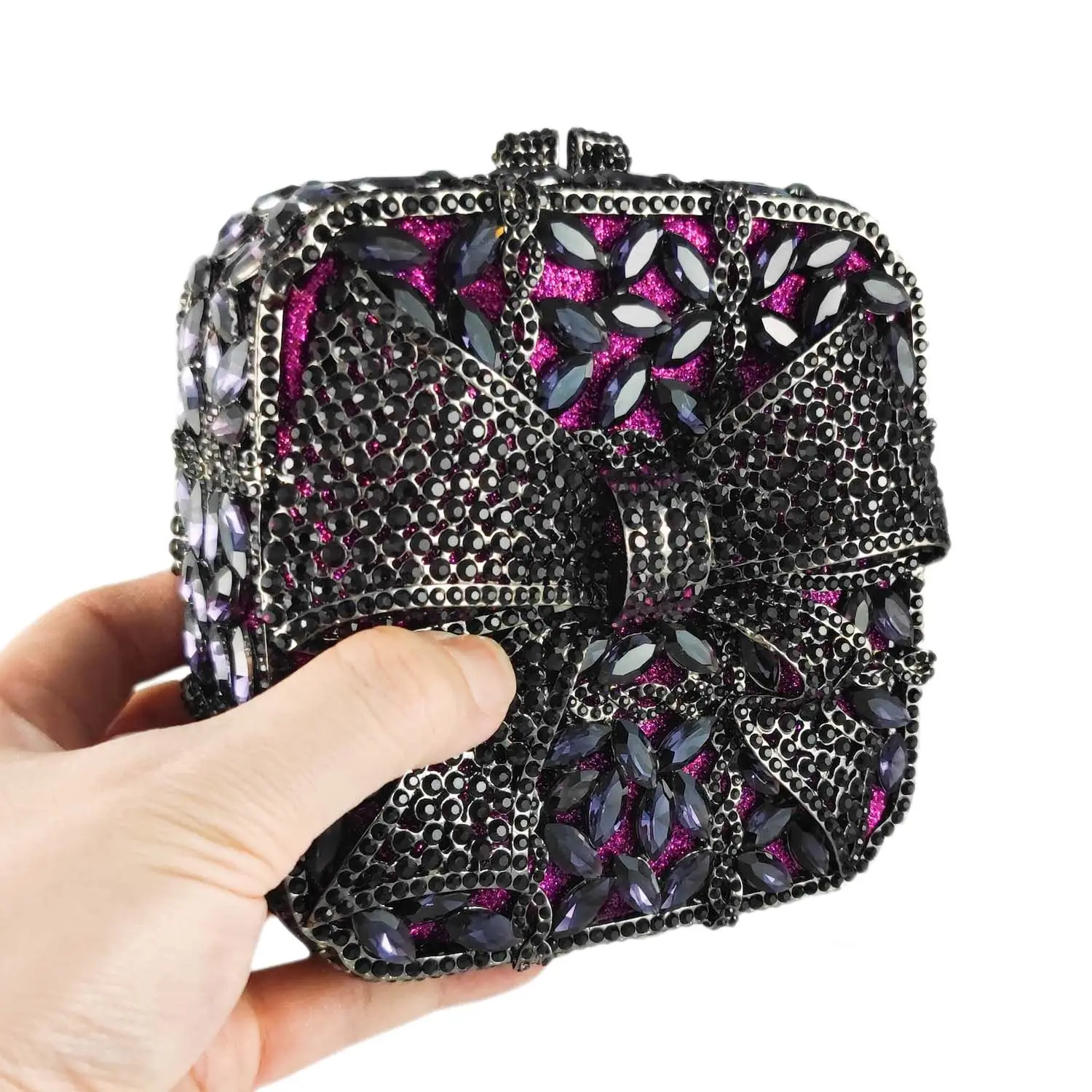 Boutique De FGG Purple Crystal Clutch Purse Women Formal Party Rhinestone Clutch Bag Bow Diamond Evening Minaudiere Handbags