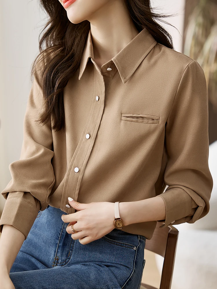 QOERLIN Button Up Blouse Women 2024 New Spring Fall Long Sleeve Plain Shirts Female Office Ladies Work Outfits Turn-Down Tops