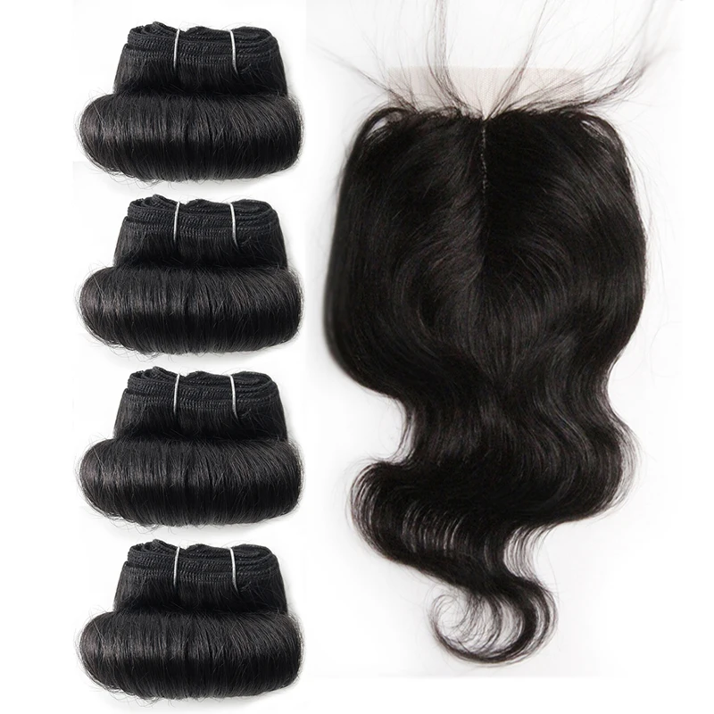 Brazylijskie kręcone wiązki z zapięciem T część ludzkiego uzupełnienie splotu włosów Lace Closure i wiązki krótkie włosy Remy 4 wiązki z zapięciem