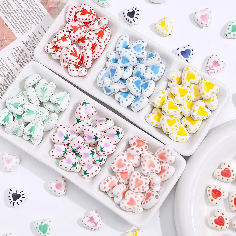 5PCS Hand Drawn Love Flowers Ceramic Beads For Jewelry Making Interval Bead Necklace Bracelet Craft DIY Supplie