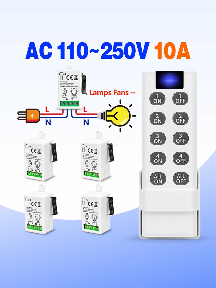 Bezprzewodowy pilot zdalnego sterowania 433MHz do włączania/wyłączania światła 110V 220V 230V 10A, nadajnik 4-w-1 ALL ON/OFF, mini przełącznik do lampy LED, wentylatora — zdjęcie produktu 7