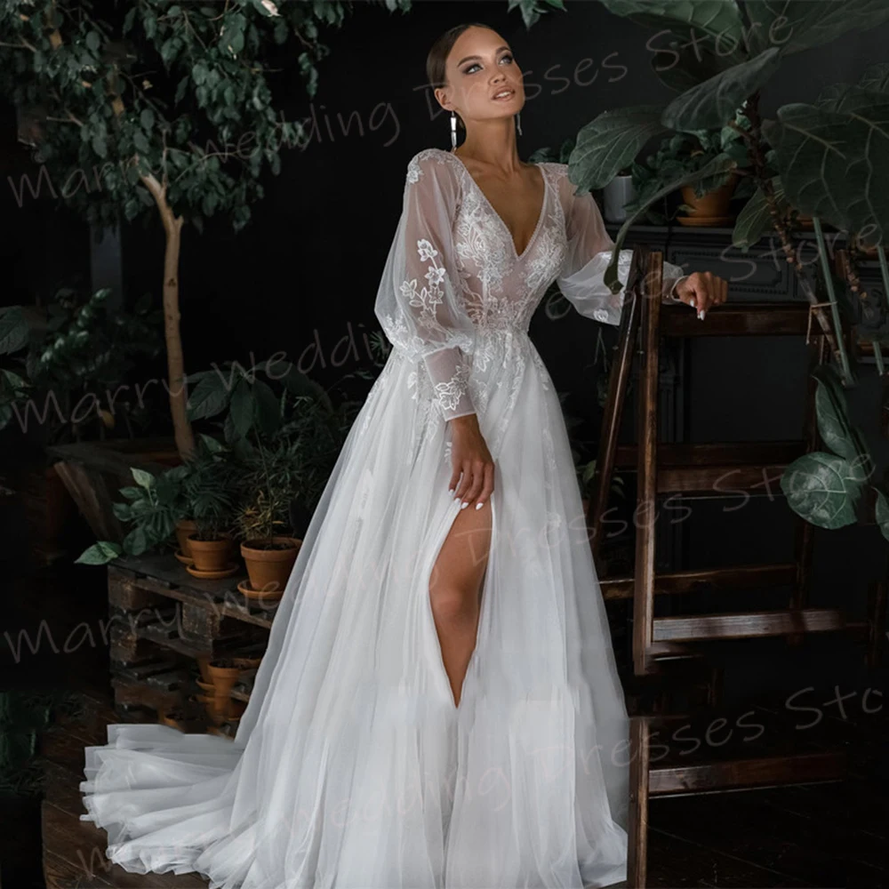 Boho Gorgeous A Line Women's Wedding Dresses Modern Lace Appliques Bride Gowns Charming V Neck High Split Vestidos Novias Boda