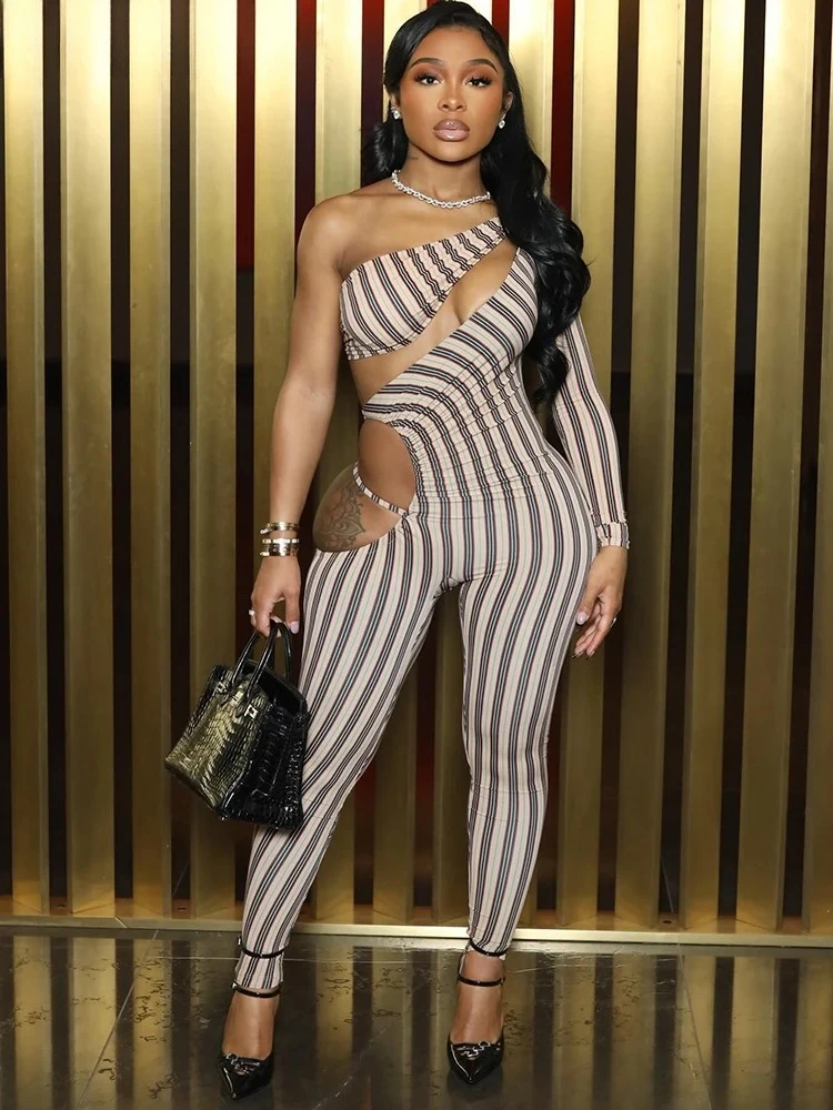 

Sexy Hollow Jumpsuit Women Ruched Irregular Hipster Club Stripe Print Full Sleeve Midnight Activity Workout Overalls
