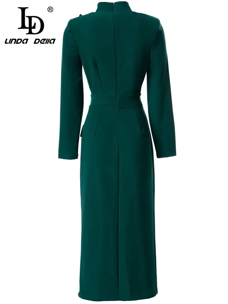 LD LINDA DELLA Fashion Runway Spring Dress Women Bow Long sleeve High waist Casual Office Lady Green/Black Split Midi Dresses