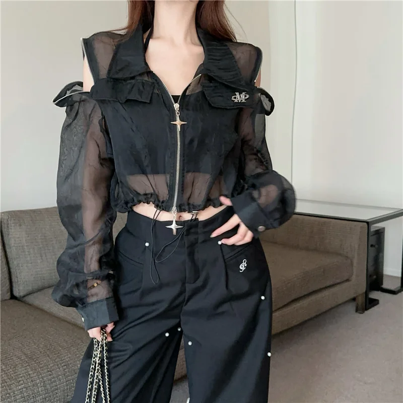 

2024 Summer New Heavy Industry Zipper Decoration Loose Short Sunscreen Spicy Girl Drawstring Thin Coat for Women