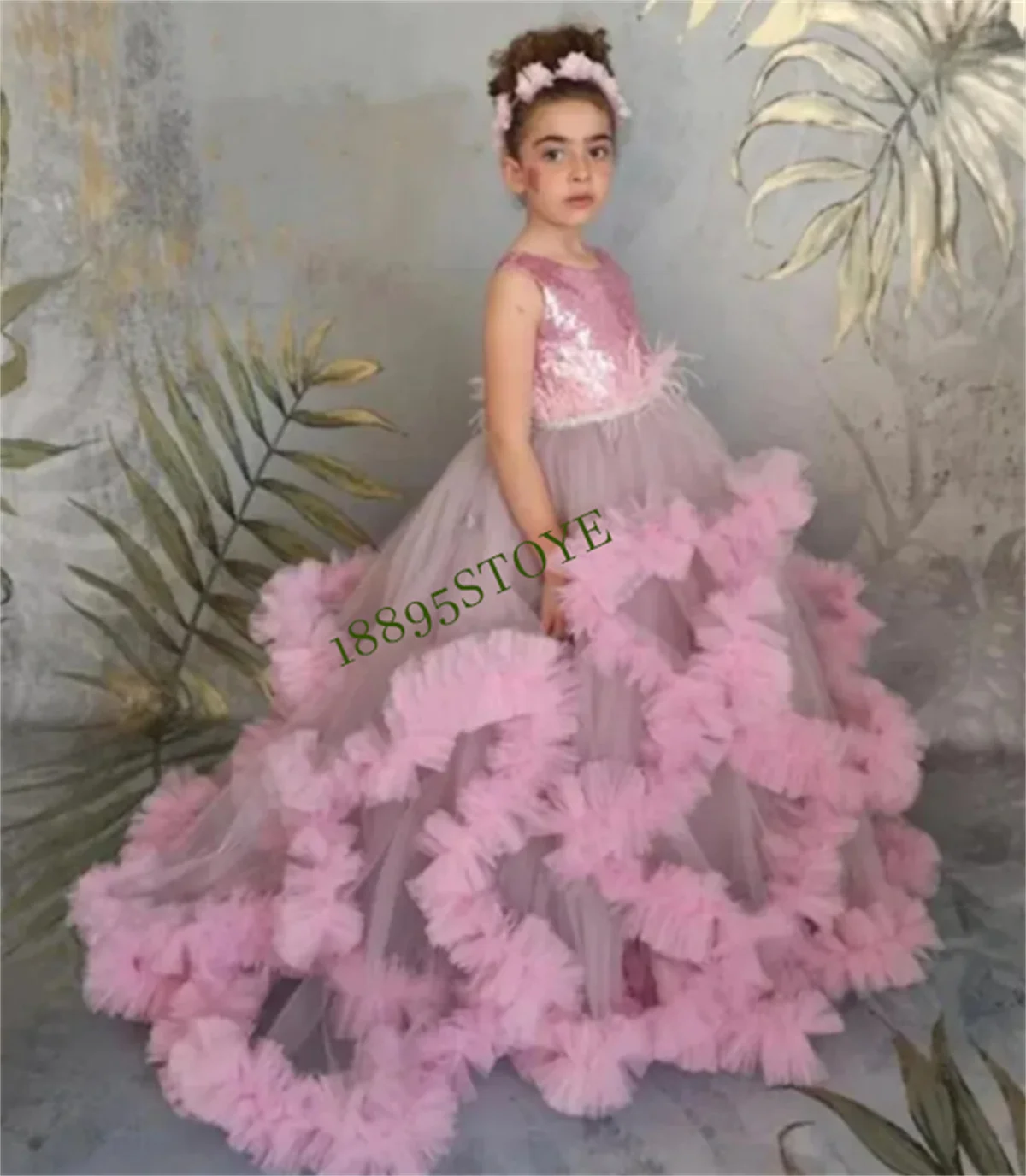 

Sweet Princess Pink A-Line Flower Girl Dress Floor Length Tulle Ruffles Birthday Party Dress For Kids