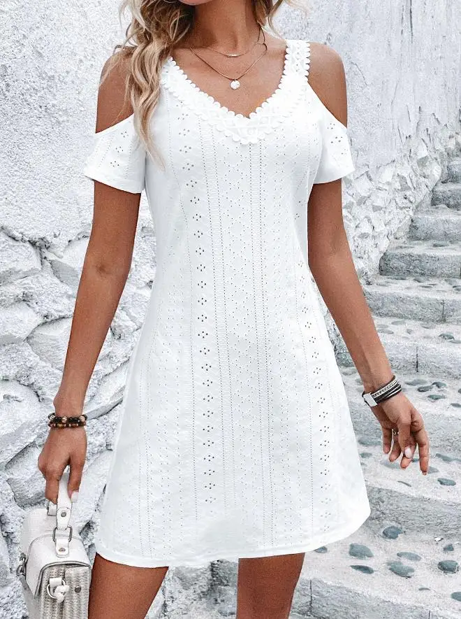 

Dress Women Summer 2026 Casual Off Shoulder Short Sleeve V-Neck Temperament Fashion Loose Dress
