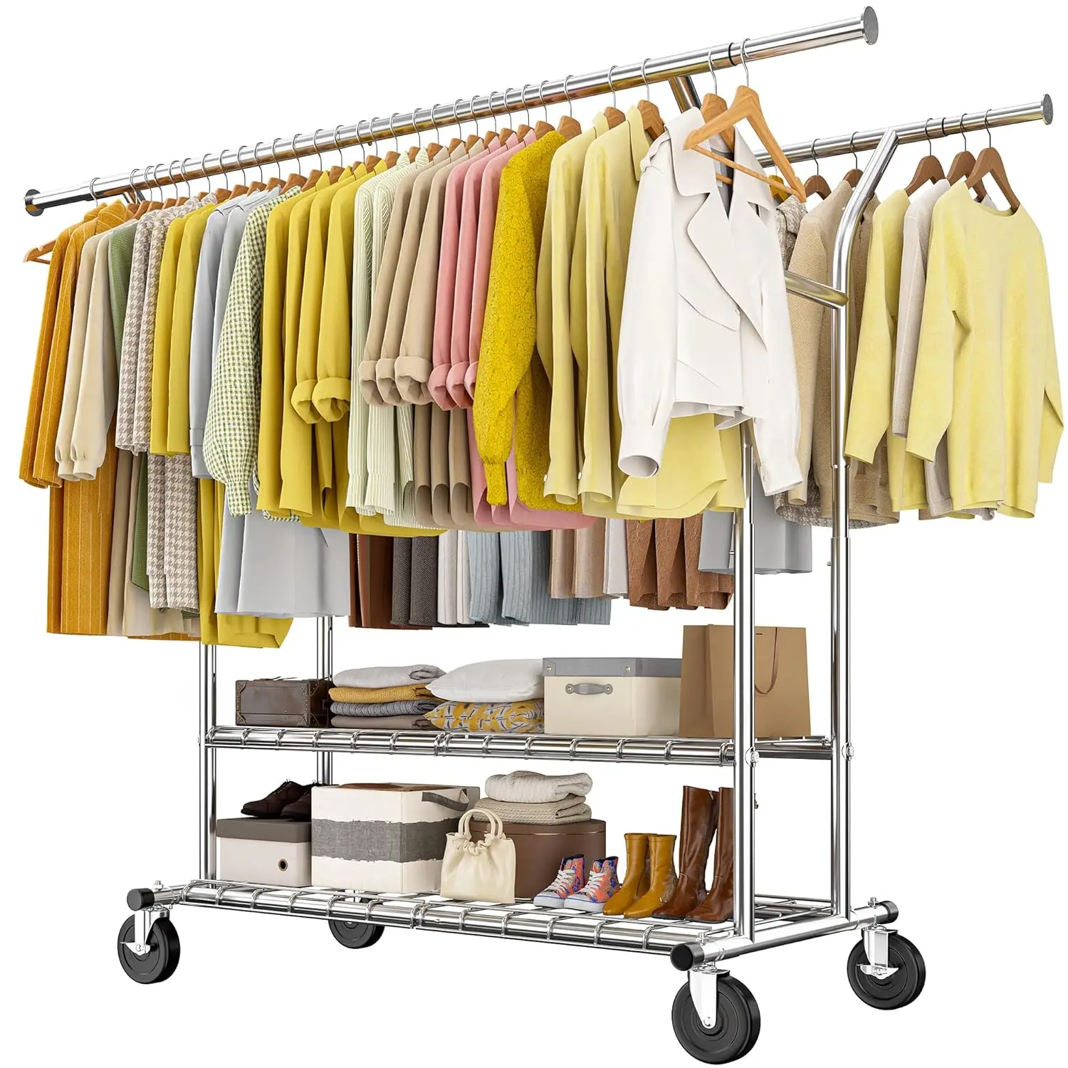 

Heavy Duty 74" W Double Rod Clothes Rack Load 630 LBS Portable Garment Rack for Bedroom Laundry Retail Customized