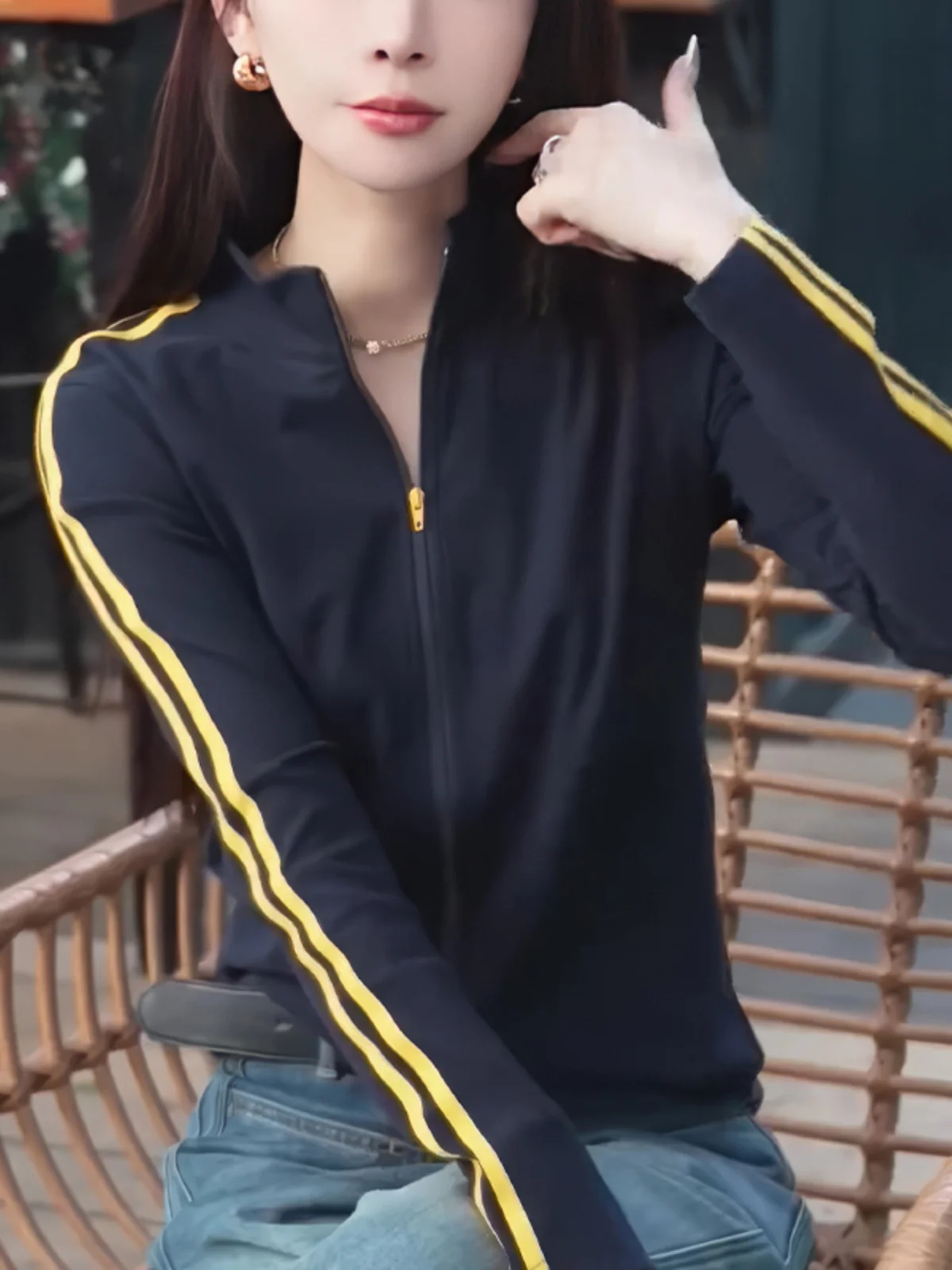 

Bla Striped Zipper Sweatirt Jaet Casual Spor Versatile Faionable Commute Sle Women's plus Size Spring Autumn New ...