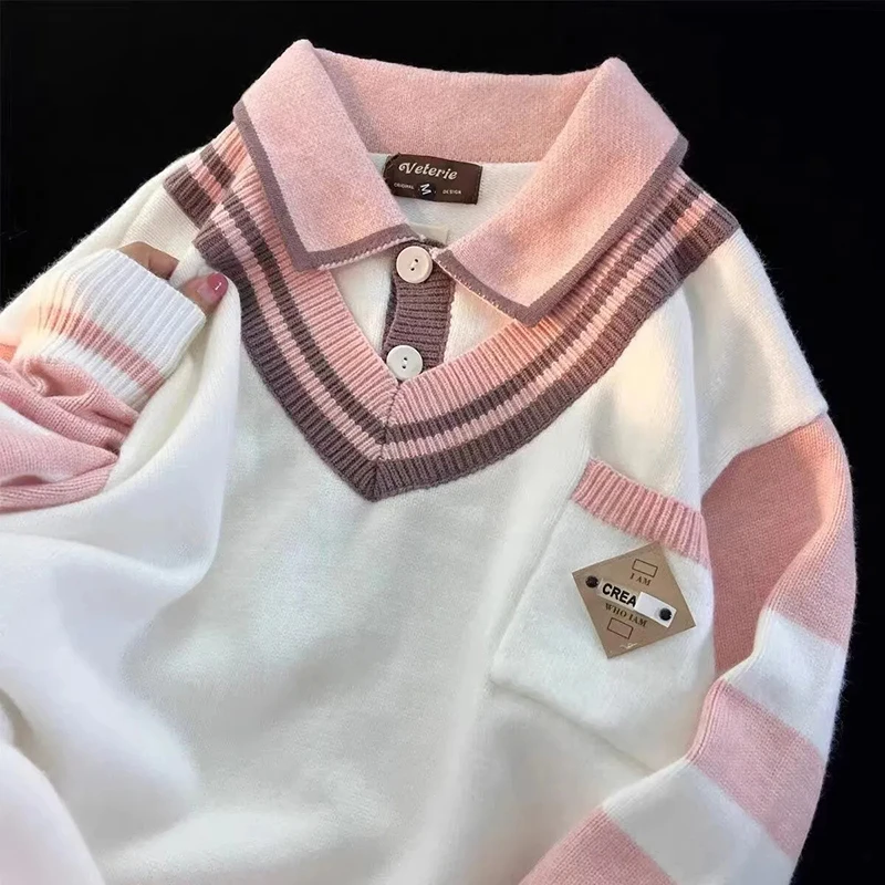 

Y2K Sweet Preppy Style Sweater Women Patchwork Long Sleeve Loose Casual Knit Pullover Fashion Fall Winter Warm Kawaii Top