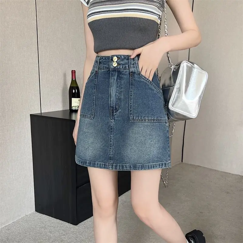 Women's Retro High Waist Denim Mini Skirt 2026 Spring Summer A Line Slim Fit Bodycon Short Skirt With Anti Slip Design