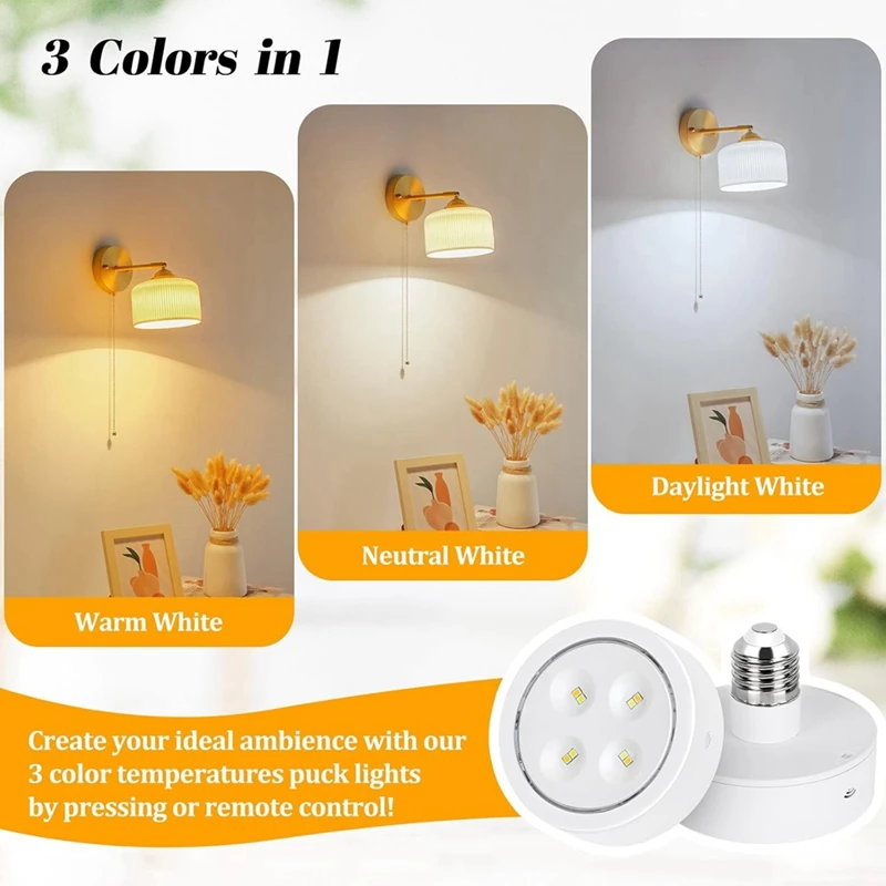 Battery Operated Light Bulb For Lamps, Screw In LED Puck Lights With Remote, With E26 Socket For Wall Sconce 2Pack