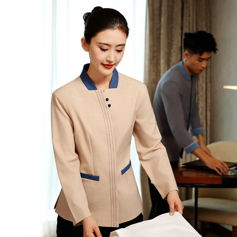 Female Supermarket Room Property Cleaner Auntie Cleaning Work Clothes Five Stars Hotel Long Sleeve Housekeeping Uniform Set