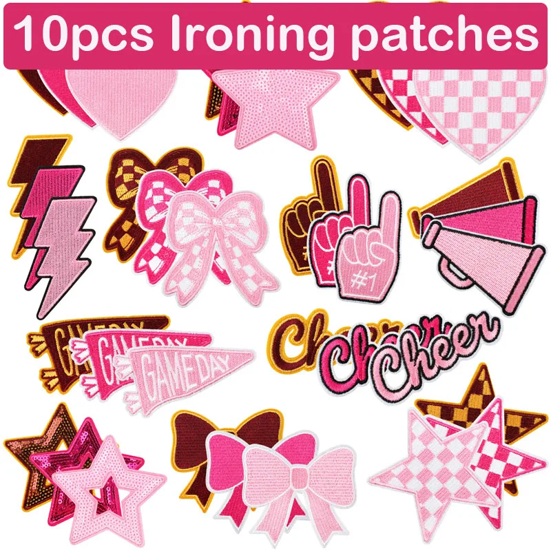 10Pcs Cheerleader Game Day Iron‑on Patches Pink Embroidery Applique Bow Star Heart Megaphone Badge Hat Jacket DIY Clothing Decor