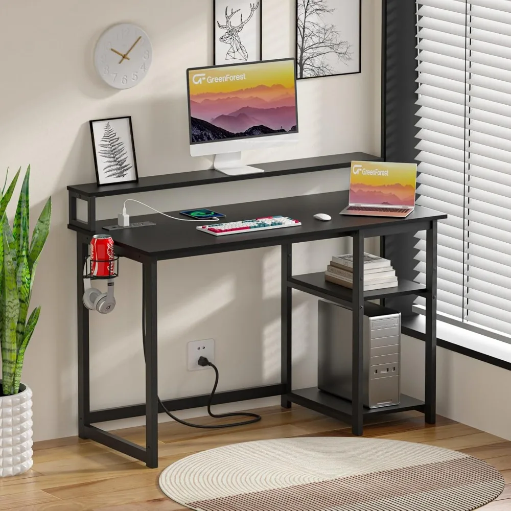 GreenForest Computer Desk with USB Charging Port and Power Outlet, Reversible Home Office Desk with Monitor Stand Storage