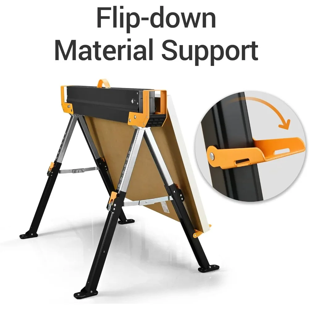 Cabavelos de serra personalizáveis, 2 pacotes dobráveis, capacidade de carga de 2600 lbs e mesa de serra resistente de altura ajustável de 24-32 polegadas com 2x4