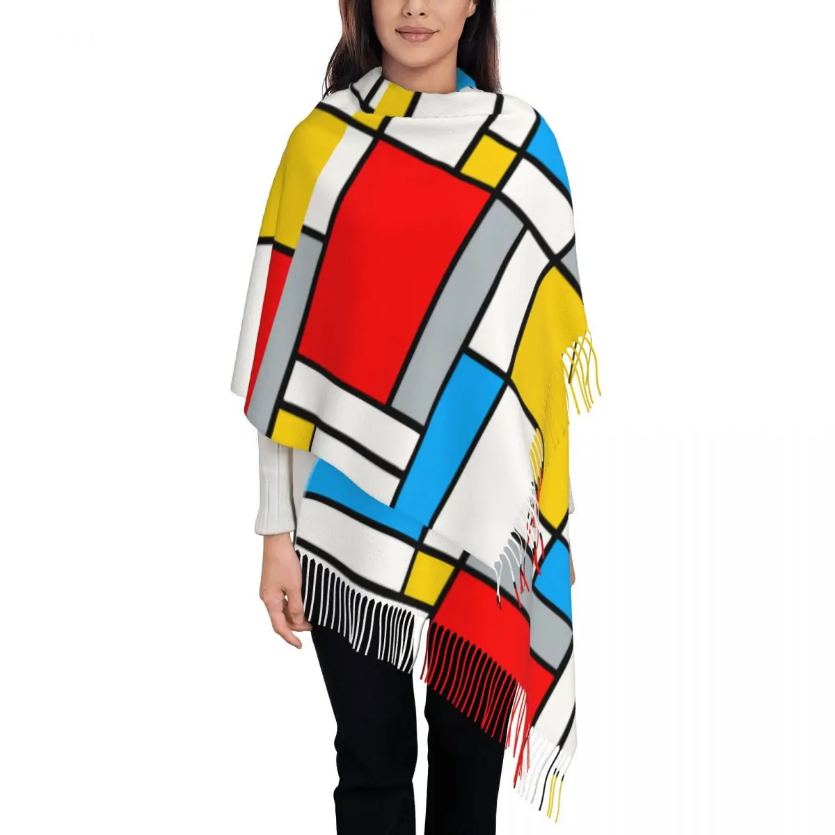 

Women's Scarf with Tassel Mondrian Composition Geometric Large Winter Warm Shawl Wrap Minimalism Art Daily Wear Pashmina Scarves